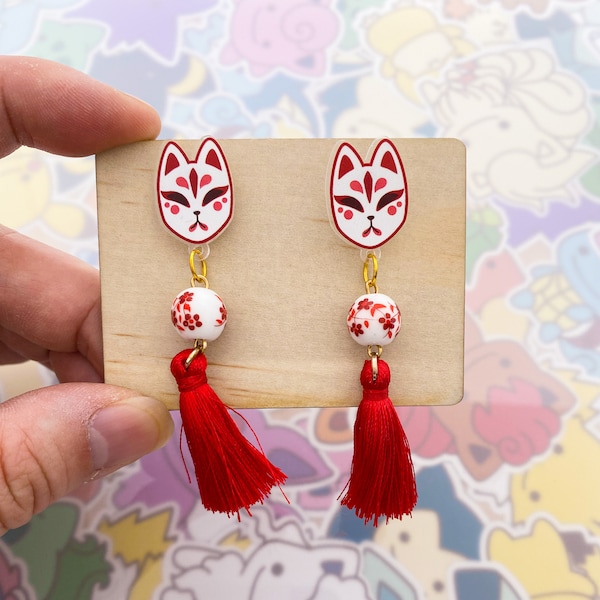 Kitsune/Fox Mask Red Dangle Earrings