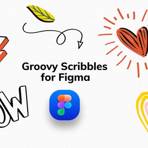 Puede incluir: Una colección de garabatos dibujados a mano, que incluyen un rayo, la palabra "WOW", un arcoíris, un corazón con rayos y una hoja con una flecha curva. El texto "Groovy Scribbles for Figma" también está incluido en la imagen.
