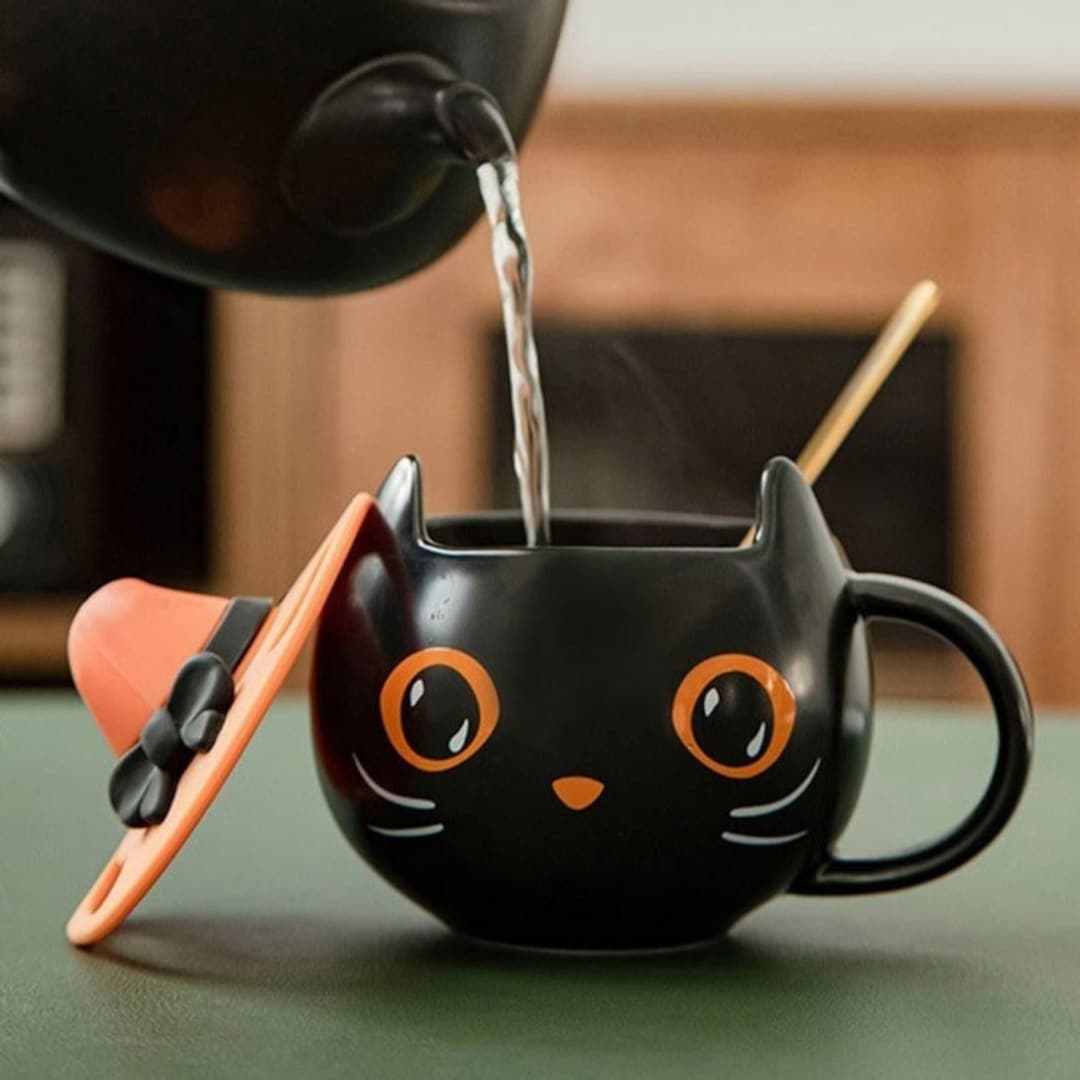 Halloween Starbucks Cat Mug With Lid and Spoon, Cat Pumpkin Mug