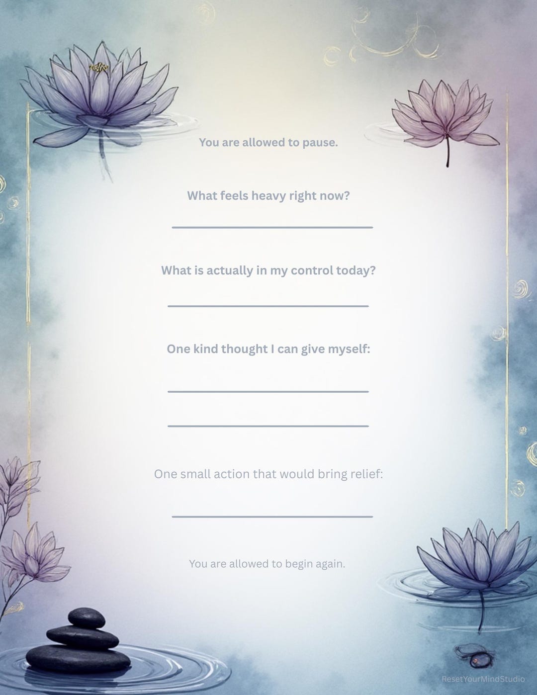 Printable Anxiety Reset Worksheet PDF | 5 Minute Mental Clarity Planner ...