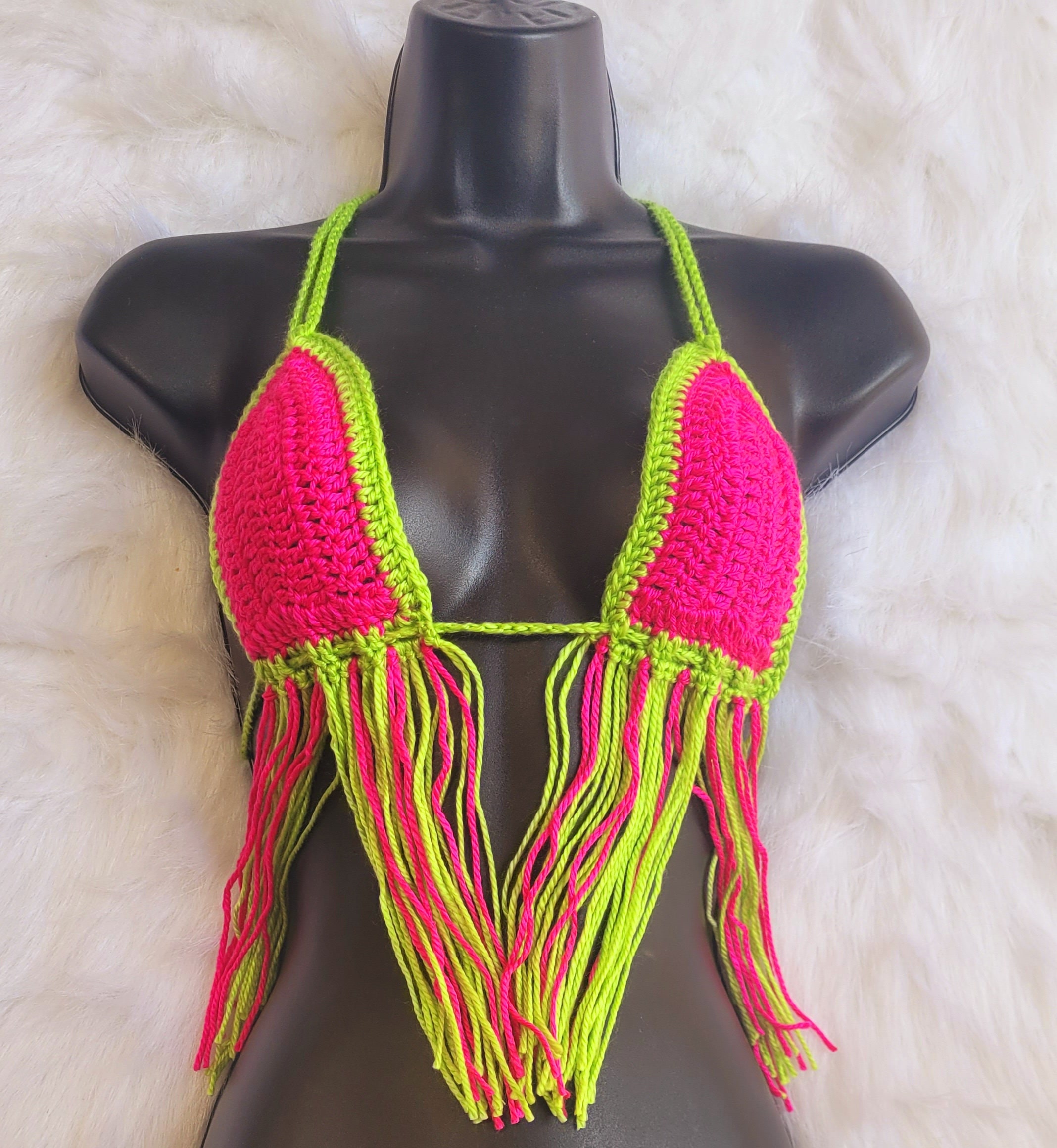 Crocheted Bikini Fringe Halter Top Neon Size A/B Etsy