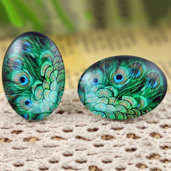 10PCS/ Hot Sale Glass Cabochons, Peacock Feather Cabochons, 18x25mm Glass Cabochons, Jewelry Cabochons