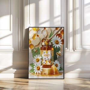 Honigglas, Bienen und Gänseblümchen OOAK Sofortiger Download Druckbare digitale Wandkunst Trendiges Plakat Grafiken Wohnkultur Eklektischer Druck