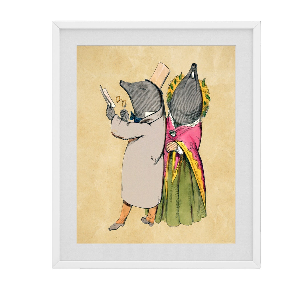 Vintage Moles Wearing Victorian Clothes Art Print Instant Download