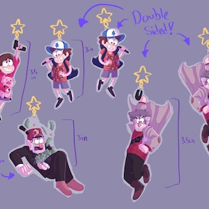 May include: Illustration of characters from a cartoon series, including a girl holding a pig, and several figures with star-shaped accessories. The image includes the text "Double Sided!" and measurements of 3 and 3.5 inches.