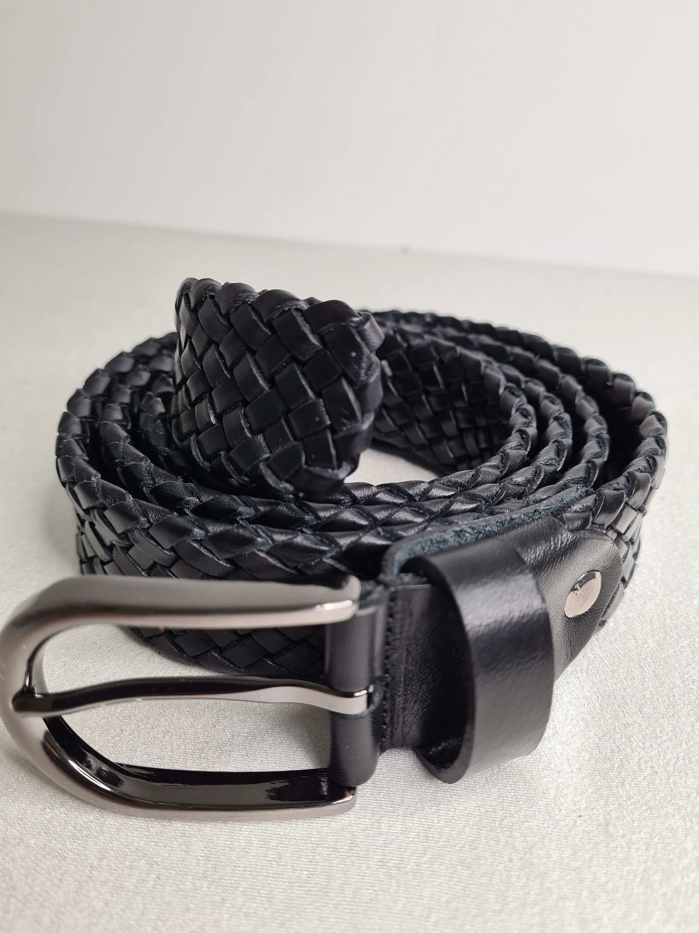black leather braided belt women's