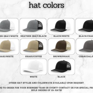 Chart displaying all available Richardson 112 trucker hat color options for custom leather patch hat orders.