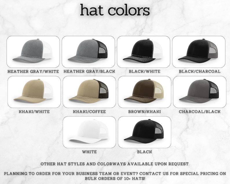 Chart displaying all available Richardson 112 trucker hat color options for custom leather patch hat orders.