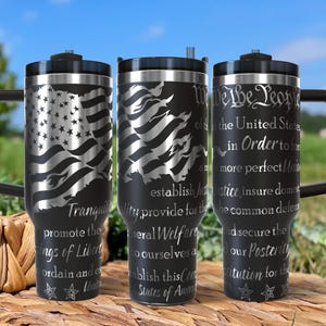 Personalized 40oz Patriotic Tumbler | US Flag & Constitution Preamble Engraved Cup | Custom Americana Gift, Independence Day Tumbler