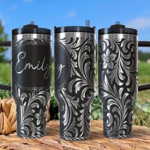Personalized 40oz Tooled Leather Style Tumbler | Custom Engraved Western Cup | Southwest Cowboy Cowgirl Gift | Embossed Floral Design