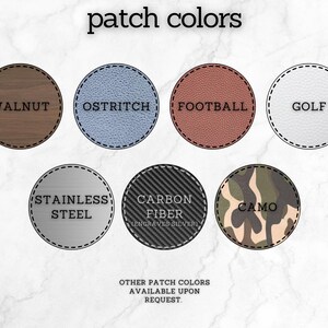 May include: Image showcasing a variety of circular patches with different textures and colors. The patches include walnut, ostrich, football, golf, stainless steel, carbon fiber, and camo designs. Text at the top reads "patch colors."