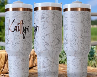 Gepersonaliseerde bloemenbeker met pioenroos van 40 oz | Op maat gegraveerde geïsoleerde beker met handvat | Cadeau bruidsmeisje, bruiloft, verjaardag, dagelijkse drinkgerei