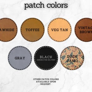 Chart displaying the available leatherette patch colors for customizing your engraved trucker hat.