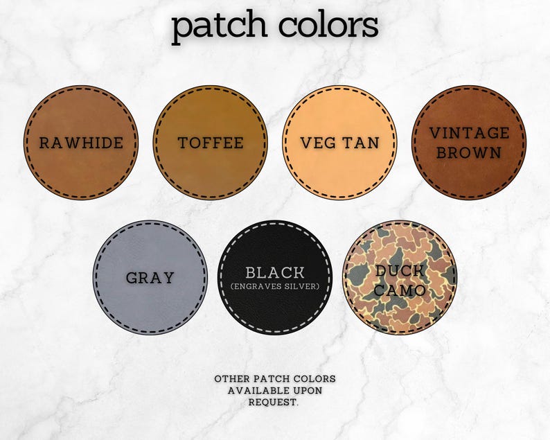 Chart displaying the available leatherette patch colors for customizing your engraved trucker hat.