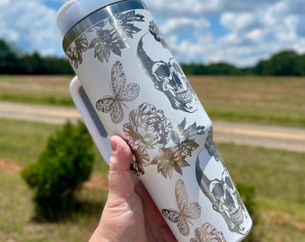 Skull and Peony Flowers 40oz Engraved Tumbler - Custom Stainless Steel, Insulated, Gothic Floral Design, Unique Gift Idea