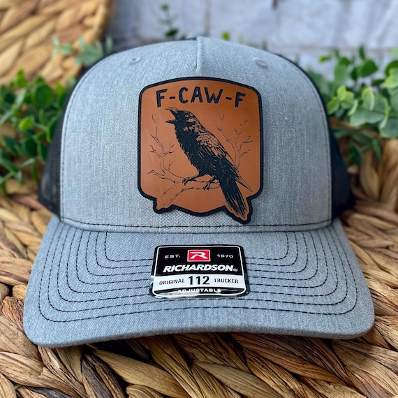 Custom Raven Patch Trucker Hat | F-CAW-F Crow Engraved Leather Hat | Richardson 112 Snapback | Choose Hat & Patch Color Combo