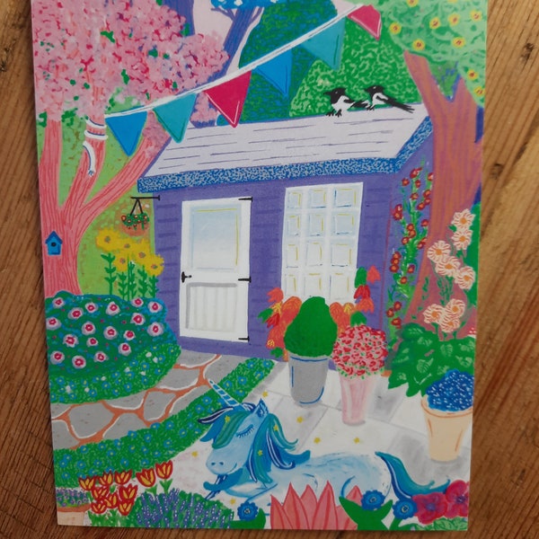 Secret Unicorn Garden Shed Scene A6 Blank Card | Pretty Peaceful Floral | Unicorn Pony Horse Lovers | Summer House | Cottagecore Cosy Vibes