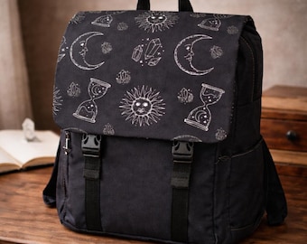 Plecak Dark Academia Celestial Moon | Czarna płócienna torba na książki, czarownicza torba szkolna na laptopa