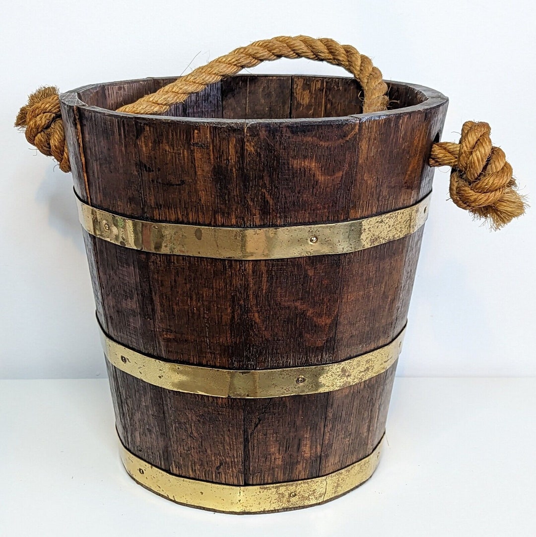 Antique Victorian Coopered Brass & Oak Wood Bucket With Rope Handle