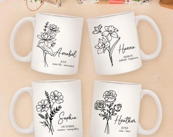 Custom Floral Mug With Name, Birth Flower Mug, Coffee Mugs, Birthday Gifts For Women, Gifts For Mom, Sisters, Friends, Girls Christmas Gifts