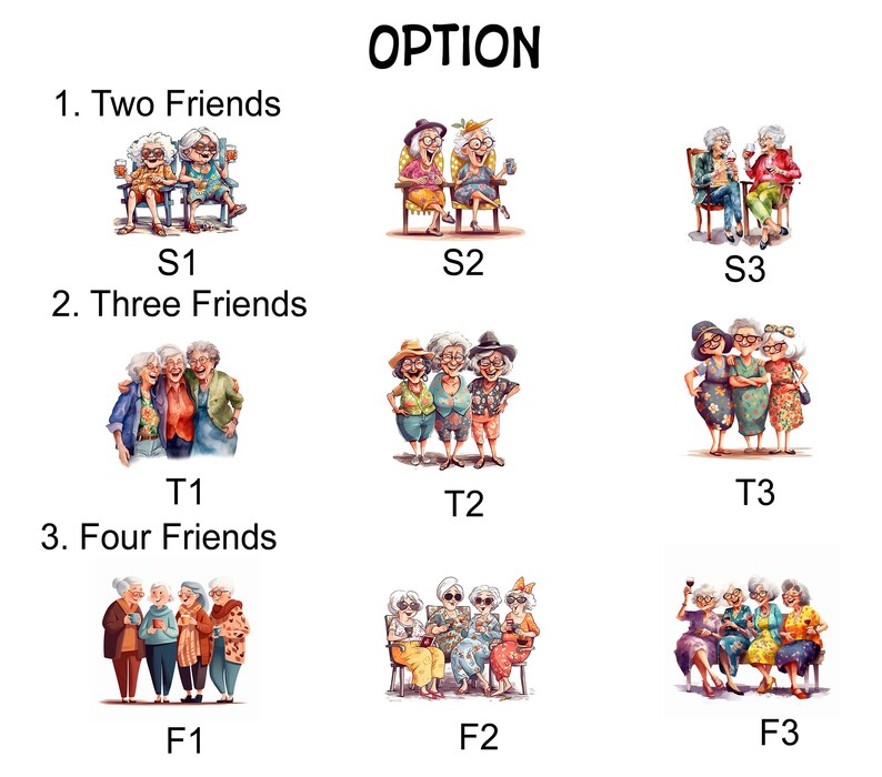 Puede incluir: Ilustraci&oacute;n de tres opciones diferentes para un grupo de amigos. La primera opci&oacute;n muestra dos amigos, la segunda opci&oacute;n muestra tres amigos y la tercera opci&oacute;n muestra cuatro amigos. Cada opci&oacute;n tiene tres poses diferentes.