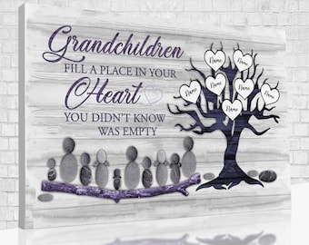 Grandchildren Fill A Place In Your Heart Canvas, Personalized Gift Ideas For Grandparents, Tree With Rock Art Print, Gift From Grandkid.