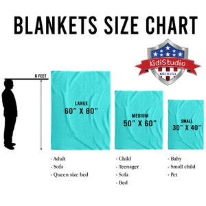 May include: A size chart for blankets with three different sizes: large (60 inches by 80 inches), medium (50 inches by 60 inches), and small (30 inches by 40 inches). The chart shows the size of each blanket in relation to a person standing next to it. The chart also includes suggested uses for each size, such as adult, child, teenager, sofa, queen size bed, baby, small child, and pet.