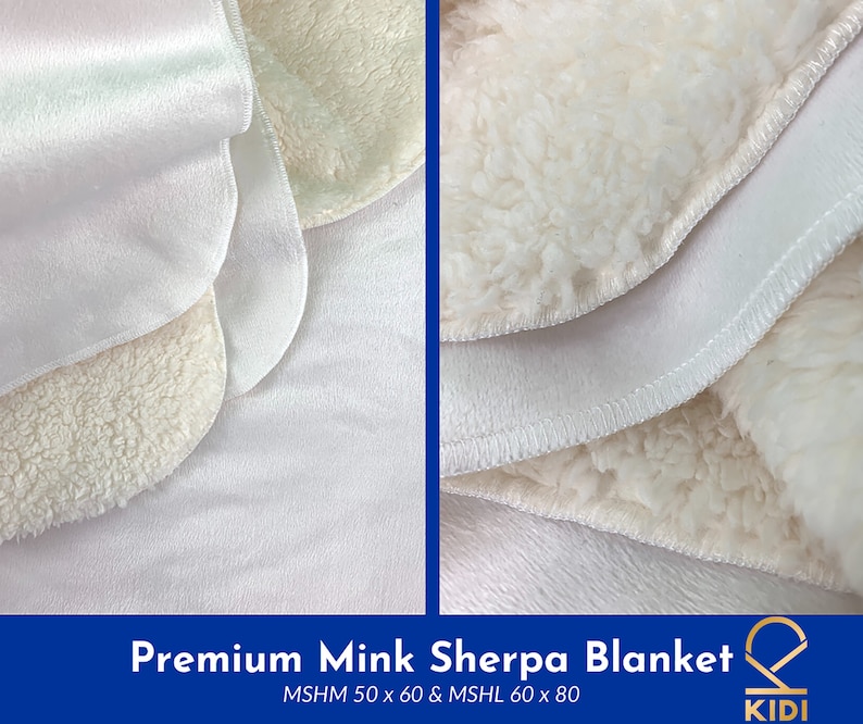 May include: Close-up of a white mink sherpa blanket with a soft, plush texture. The blanket is folded to show the smooth, satin-like underside. The text "Premium Mink Sherpa Blanket" and "MSHM 50 x 60 & MSHL 60 x 80" is visible.