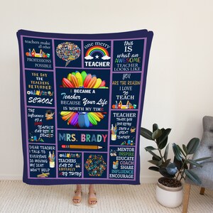 May include: A blue and purple fleece blanket with a collage of colorful illustrations and text about teachers. The text includes "One Merry Teacher", "I Became a Teacher Because Your Life is Worth My Time", "This is What an Awesome Teacher Looks Like", "You Are the Reason I Love to Teach", "Teacher Thank You for Being Such a Great Teacher", "Teachers Can Do Virtually Anything", "The Day the Teachers Returned to School", "The Influence of a Teacher Can Never Be Erased", "Dear Teacher I Talk to Everyone So Moving My Seat Won't Help", "Mentor, Inspire, Educate, Coach, Share, Influence, Encourage", and "Mrs. Brady".