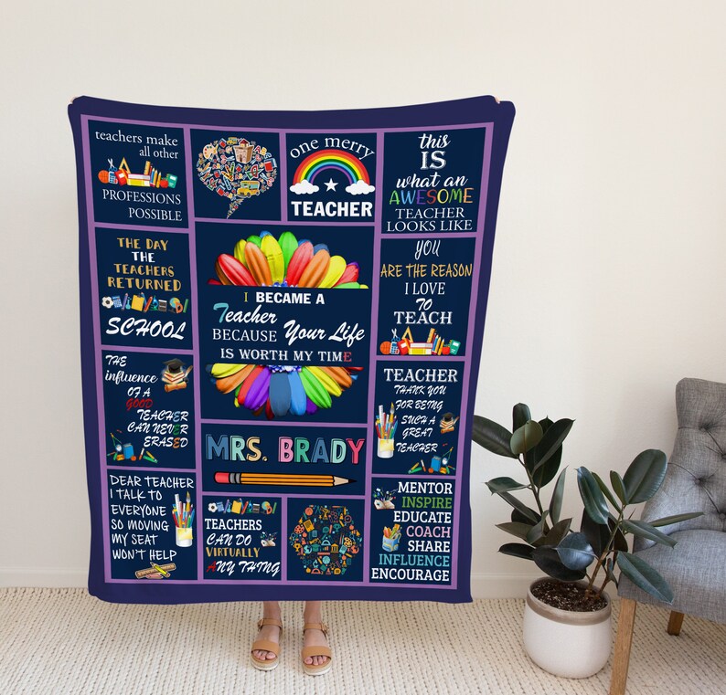 May include: A blue and purple fleece blanket with a collage of colorful illustrations and text about teachers. The text includes "One Merry Teacher", "I Became a Teacher Because Your Life is Worth My Time", "This is What an Awesome Teacher Looks Like", "You Are the Reason I Love to Teach", "Teacher Thank You for Being Such a Great Teacher", "Teachers Can Do Virtually Anything", "The Day the Teachers Returned to School", "The Influence of a Teacher Can Never Be Erased", "Dear Teacher I Talk to Everyone So Moving My Seat Won't Help", "Mentor, Inspire, Educate, Coach, Share, Influence, Encourage", and "Mrs. Brady".