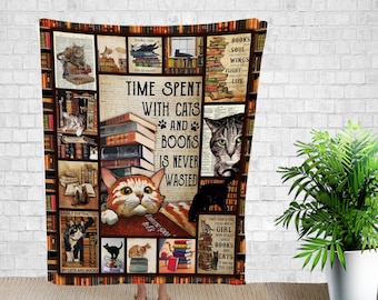 Time Spent With Cats And Book Blanket, Blanket With Books And Cats, Cat Art Print, Gift For Cat And Book Lover.