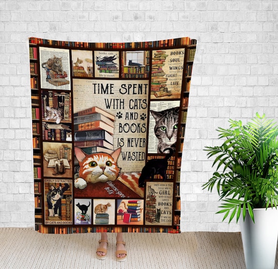 Time Spent With Cats And Book Blanket, Blanket With Books And Cats, Cat Art Print, Gift For Cat And Book Lover.