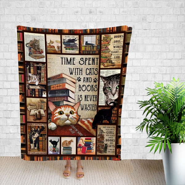 Time Spent With Cats And Book Blanket, Blanket With Books And Cats, Cat Art Print, Gift For Cat And Book Lover.