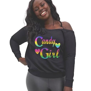 Candy Girl Graphic Off-Shoulder Sweatshirt - Trendy Women&#39;s Sweater