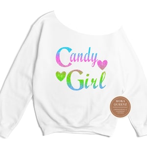 Candy Girl Off-Shoulder Slouchy Shirt, Trendy Feminine Graphic Top afbeelding 6