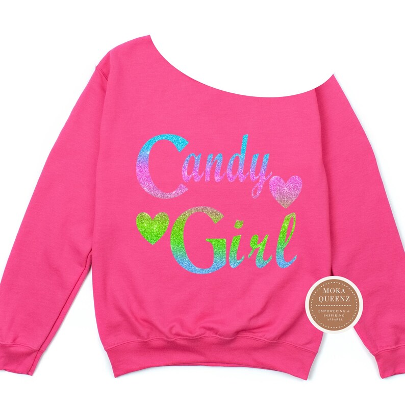 Candy Girl Off-Shoulder Slouchy Shirt, Trendy Feminine Graphic Top Hot Pink