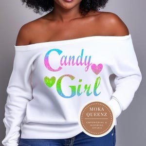 Candy Girl Off-Shoulder Slouchy Shirt, Trendy Feminine Graphic Top Wit