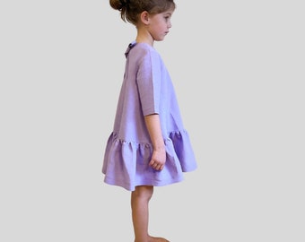 purple linen flower girl dress with bow on the back