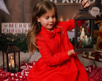 Christmas dress linen dress girl with longs sleeves and bow in front