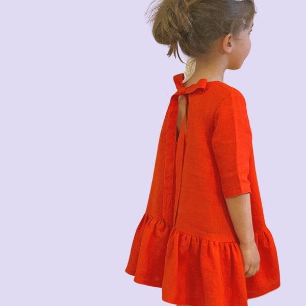 red flower girl dress, linen dress with bow on back