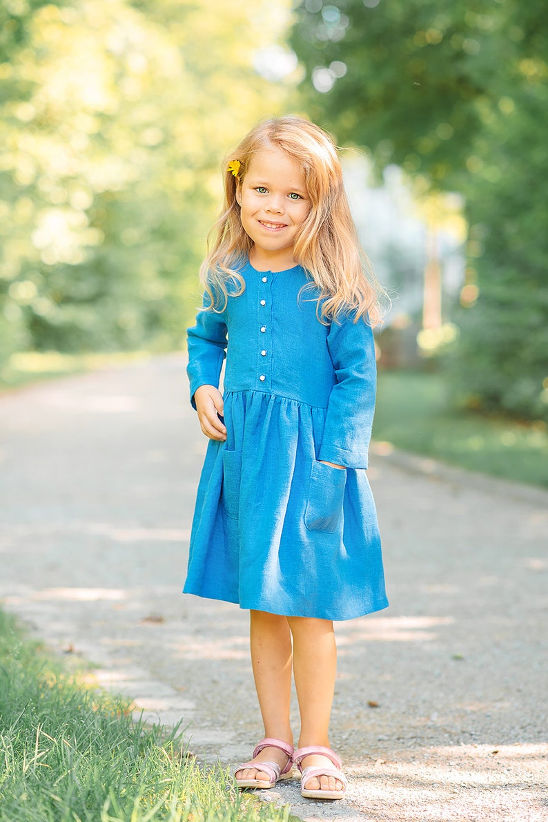 linen flower girl dress in different colors and sizes blue (linen)