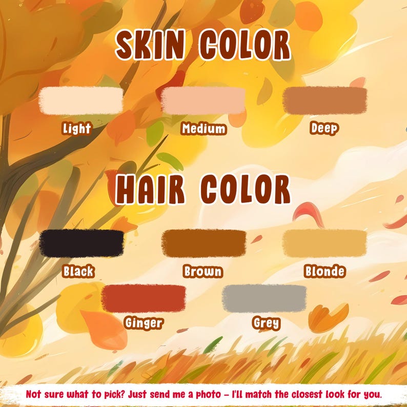 K&ouml;nnte beinhalten: Eine Farbreferenztafel mit Hautt&ouml;nen, beschriftet als Light, Medium, Deep, und Haarfarben, beschriftet als Black, Brown, Blonde, Ginger, Grey. Der Text lautet SKIN COLOR, HAIR COLOR und Not sure what to pick? Just send me a photo.