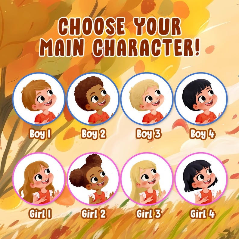 K&ouml;nnte beinhalten: Eine digitale Illustration mit dem Titel CHOOSE YOUR MAIN CHARACTER! zeigt acht kreisf&ouml;rmige Portr&auml;ts von Kindern mit unterschiedlichen Haarfarben und -stilen, beschriftet als Boy 1 bis Boy 4 und Girl 1 bis Girl 4 vor herbstlichem Hintergrund.