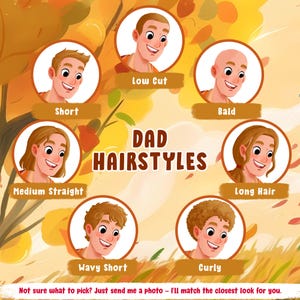 K&ouml;nnte beinhalten: Eine illustrierte &Uuml;bersicht mit dem Titel DAD HAIRSTYLES, die sechs kreisf&ouml;rmige Portr&auml;ts von Charakteren mit verschiedenen Frisuren zeigt, beschriftet als Low Cut, Bald, Short, Medium Straight, Long Hair, Wavy Short und Curly, mit Text f&uuml;r Fotovergleiche.