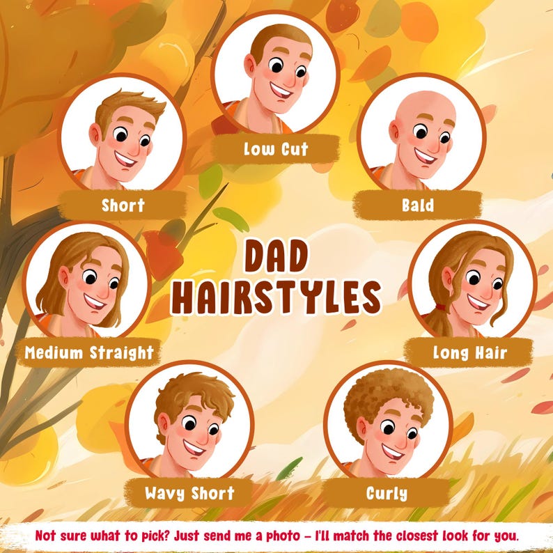 K&ouml;nnte beinhalten: Eine illustrierte &Uuml;bersicht mit dem Titel DAD HAIRSTYLES, die sechs kreisf&ouml;rmige Portr&auml;ts von Charakteren mit verschiedenen Frisuren zeigt, beschriftet als Low Cut, Bald, Short, Medium Straight, Long Hair, Wavy Short und Curly, mit Text f&uuml;r Fotovergleiche.