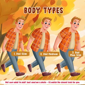 K&ouml;nnte beinhalten: Eine Illustration mit dem Titel BODY TYPES zeigt drei Figuren in orangefarbenen Karohemden, beigen Unterhemden und blauen Jeans, beschriftet mit 1. Dad Slim, 2. Dad Medium und 3. Dad Plus Size, mit dem Text: Not sure what to pick? Just send me a photo - I'll match the closest look for you.