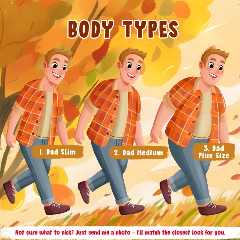 K&ouml;nnte beinhalten: Eine Illustration mit dem Titel BODY TYPES zeigt drei Figuren in orangefarbenen Karohemden, beigen Unterhemden und blauen Jeans, beschriftet mit 1. Dad Slim, 2. Dad Medium und 3. Dad Plus Size, mit dem Text: Not sure what to pick? Just send me a photo - I'll match the closest look for you.