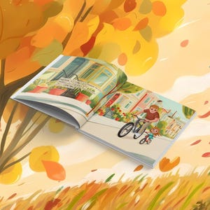 K&ouml;nnte beinhalten: Ein aufgeschlagenes Bilderbuch f&uuml;r Kinder mit einer farbenfrohen Illustration einer Person und eines Kindes, die auf einem Gehweg vor H&auml;usern Fahrrad fahren. Die Seiten zeigen lebendige herbstliche Motive mit gelben und orangen Bl&auml;ttern.