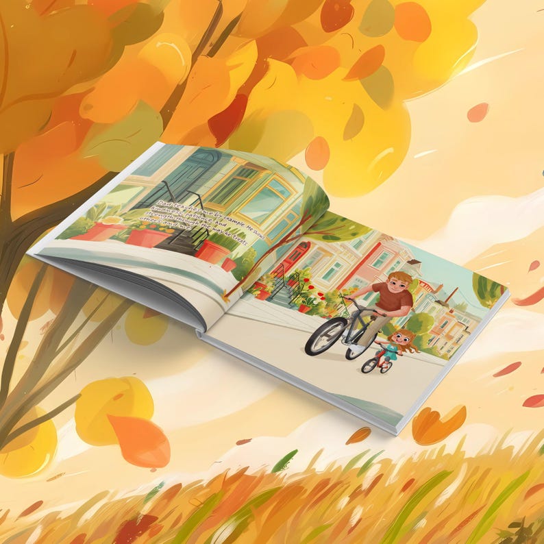 K&ouml;nnte beinhalten: Ein aufgeschlagenes Bilderbuch f&uuml;r Kinder mit einer farbenfrohen Illustration einer Person und eines Kindes, die auf einem Gehweg vor H&auml;usern Fahrrad fahren. Die Seiten zeigen lebendige herbstliche Motive mit gelben und orangen Bl&auml;ttern.