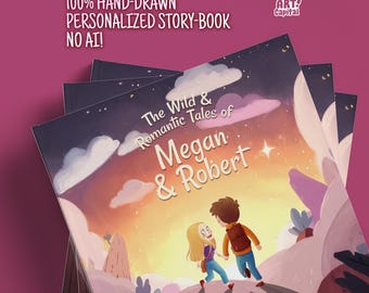 Könnte beinhalten: Ein Stapel personalisierter Bilderbücher mit einer Titelillustration von zwei Zeichentrickfiguren, die auf einen Sonnenuntergang zugehen. Der Text lautet 100% HAND-DRAWN PERSONALIZED STORY-BOOK NO AI! und The Wild & Romantic Tales of Megan & Robert.